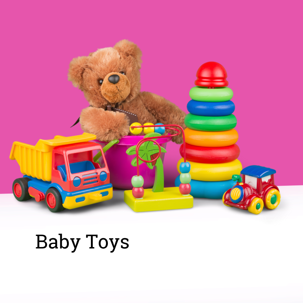 Colorful safe baby toys including a teddy bear, stacking rings, and toy vehicles.