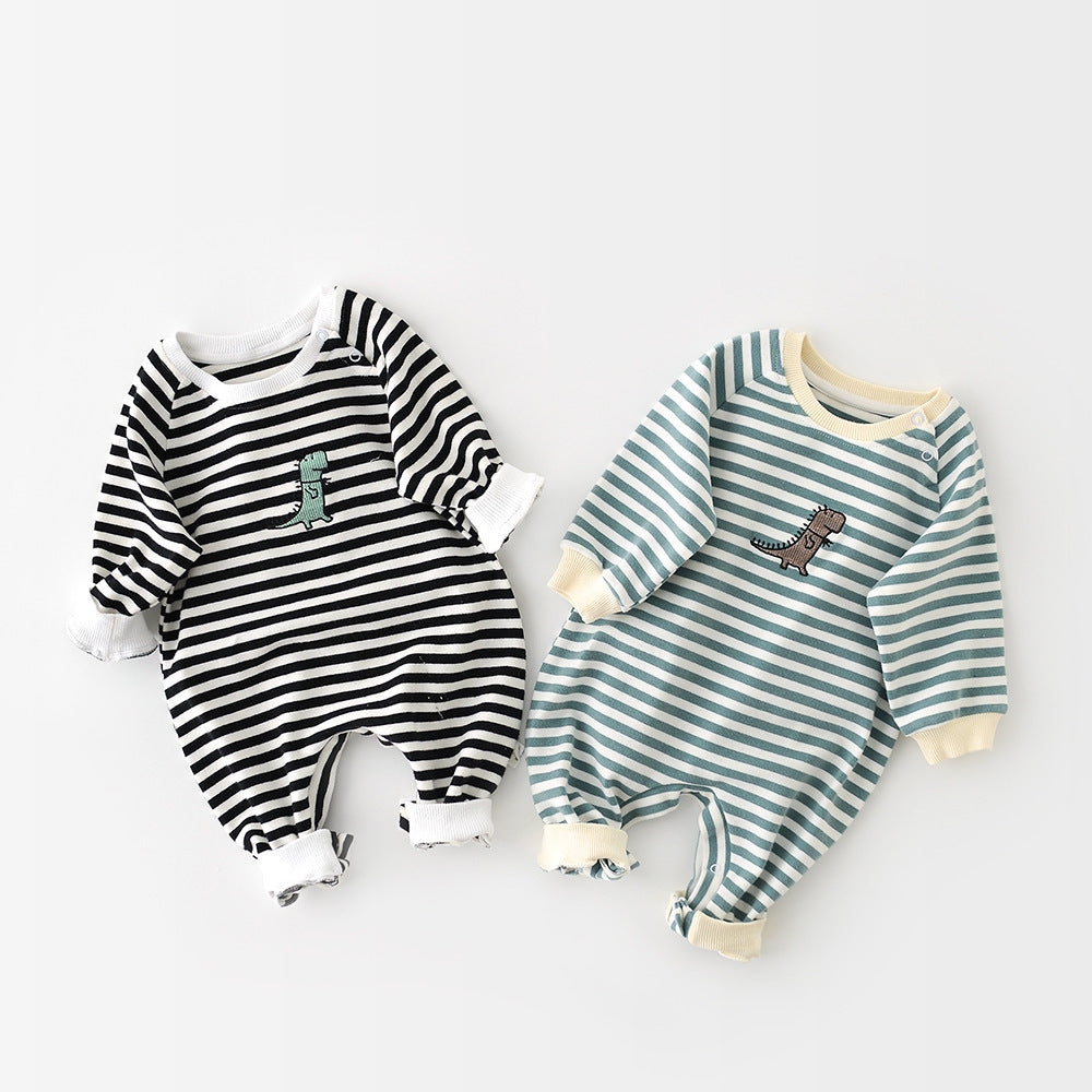 Dinosaur Baby Jumpsuit Long Sleeve | Unisex Striped Romper