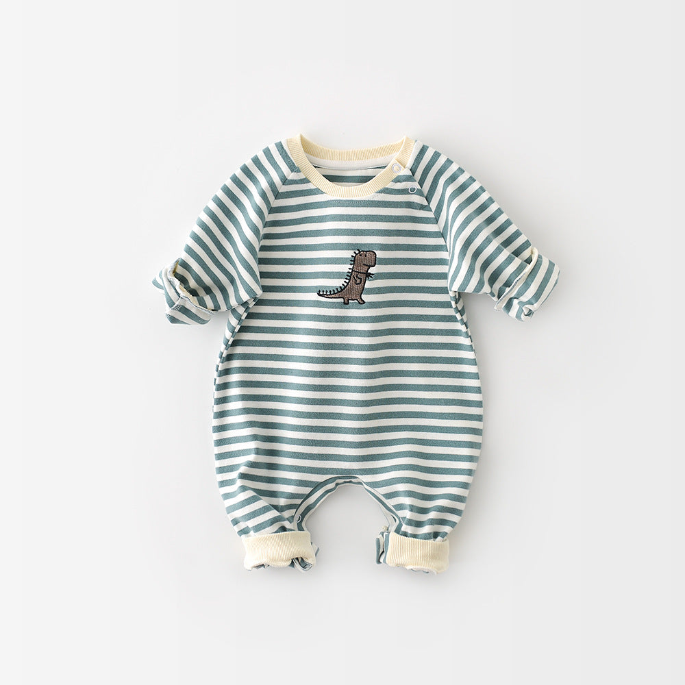 Dinosaur Baby Jumpsuit Long Sleeve | Unisex Striped Romper