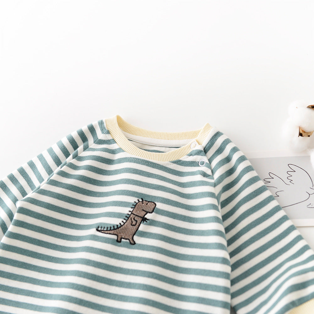 Dinosaur Baby Jumpsuit Long Sleeve | Unisex Striped Romper